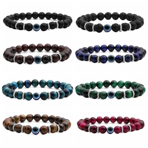 Natural Tiger Eye Stone Evil Eye Beaded Bracelet For Men Women Handmade Elastic Volcanic Rock Agate Fashion Jewelry Gift