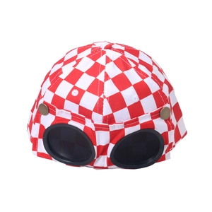 Red and white checkerboard baseball cap with pilot aviator goggles and bronze studs