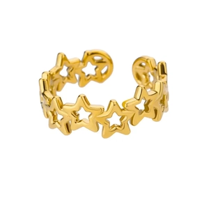 Detailed view of 18K gold plated stainless steel open ring with cutout starfish motif