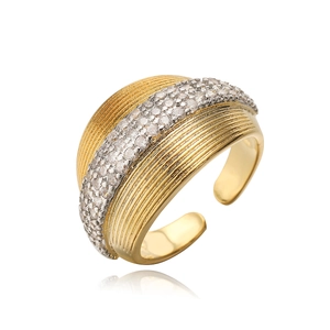 Luxe gold plated adjustable ring with textured spiral bands and sparkling zircon row