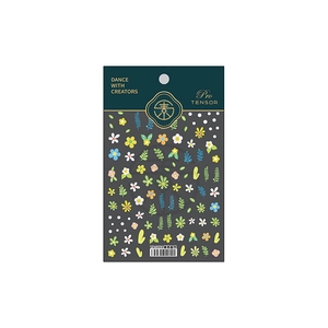 Floral nail stickers with green leaves and blue flowers on white background, TS-1331