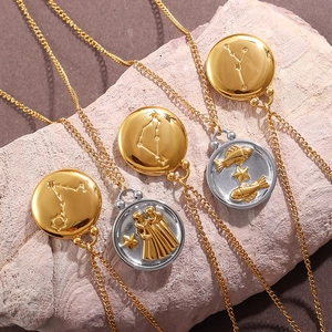 Vintage 18K gold plated stainless steel zodiac necklaces with embossed relief pendants