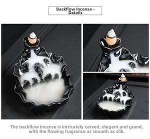 Detail of black ceramic backflow incense burner showing waterfall smoke effect