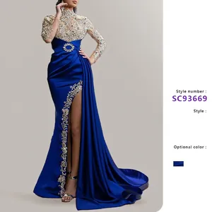 Elegant Royal Blue Satin Evening Gown Sequin Lace Long Sleeve High Slit Formal Party Dress For Women High Neck