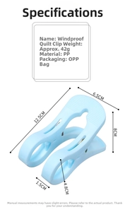 Close-up of windproof blue quilt clip with dimensions and strong spring mechanism