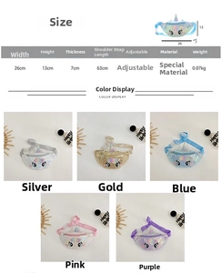 Size chart and color options for unicorn sequin waist bag with adjustable strap details