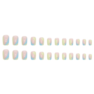 Short square press-on nails with blue, pink, and yellow abstract geometric patterns