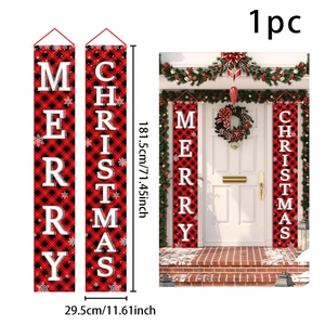 Detailed size view of red black buffalo plaid Merry Christmas porch banners on a white door