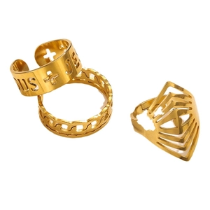 Three gold stainless steel adjustable rings with Jesus engraving and chain design