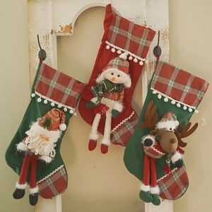 Christmas Stocking Hanging Decoration 3D Plush Santa Snowman Reindeer Tartan Plaid Pattern Home Decor