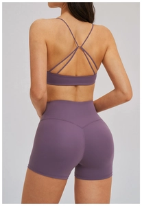 Vue détaillée du dos de la brassière croisée et du short taille haute en violet
