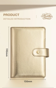 Detailed view of champagne gold leather binder notebook with precise dimensions 190x130mm