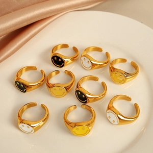 Smiley Face Ring 18K Gold Plated Stainless Steel Enamel Vintage Cute Round Signet Band Fashion Jewelry For Women