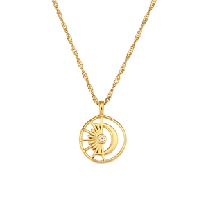 18K gold plated stainless steel sun and moon pendant necklace with white zircon