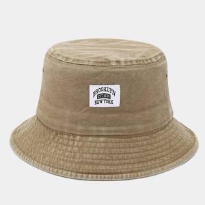 Vintage washed cotton bucket hat in khaki with Brooklyn letter patch and stitched brim