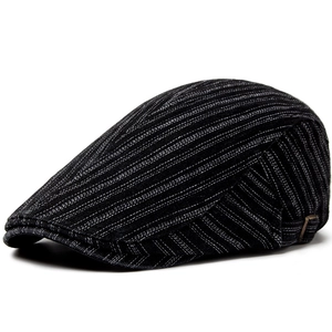 Retro denim-washed cotton newsboy cap for men featuring classic pinstripe texture