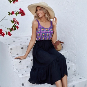 Robe Longue Sans Manches En Crochet Patchwork Haut En Maille Florale Jupe Longue Fluide Plage Vacances Femmes