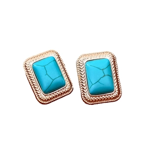 Vintage rose gold turquoise rectangle stud earrings with embossed woven textured borders