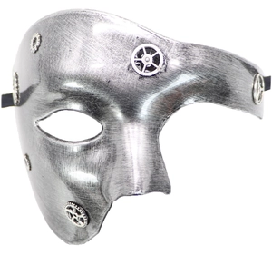 Close-up of silver steampunk phantom mask with gear details and brushed metal texture