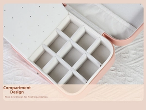 Macro shot of 9-compartment interior layout in pink PU leather jewelry storage box