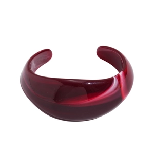Minimalist geometric acrylic open bangle in deep burgundy with white marble swirl patterns