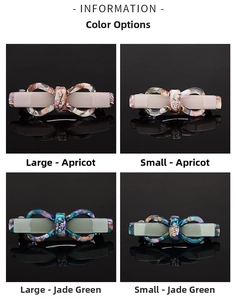 Bow hair clips in apricot and emerald resin with rhinestones in two sizes