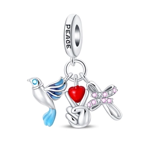 Detailed view of silver charm beads featuring peace dove, red heart and zircon infinity symbol