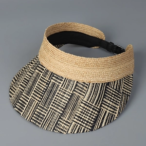 Detail of adjustable black leather buckle on two-tone woven raffia sun visor hat