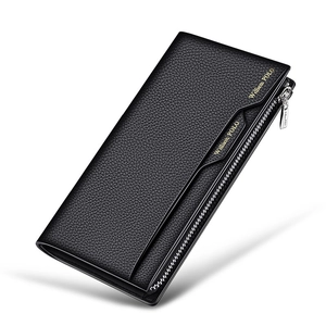 Men's trifold leather wallet with zipper detail in black lychee grain finish