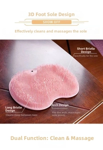 Detail of pink silicone foot massage mat featuring 3D long and short bristles for cleaning