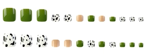 Detailed view of 24pcs toe nail set with olive green, nude, and cow print patterns