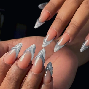 Ongles Autocollants Amande Française Texture Vague Liquide Métallique 3D Faux Ongles Base Rose Nude Plastique ABS Femmes