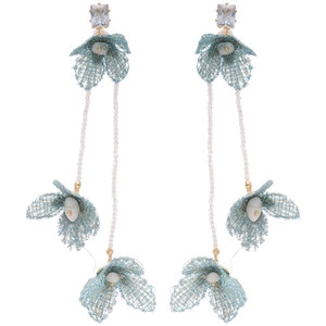 Long blue floral tassel earrings with silver needles, zircon crystals, and woven beads