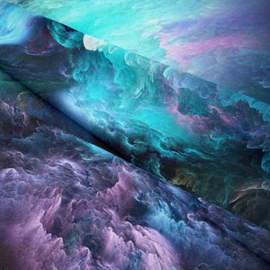 Detailed macro view of bohemian tapestry fabric showing abstract starry sky texture and folds