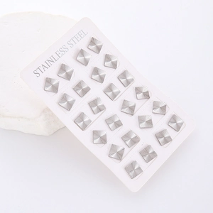 Set of 12 pairs of square stainless steel stud earrings with radiant striped texture