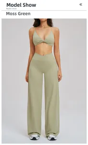 Two-piece moss green yoga set with twist bra and cross waist wide leg pants