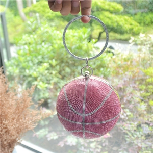 Chic pink basketball-shaped rhinestone evening bag with silver ring handles for women