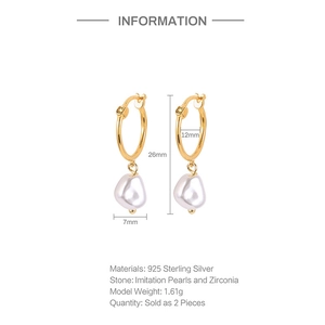 Detailed size specifications of 925 silver hoop earrings with irregular pearls and zircons