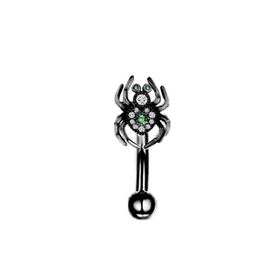 Piercing arcade araignée noire en acier inoxydable avec cristaux verts et blancs