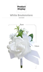 Detail of white artificial rose boutonniere with faux pearls and silk ribbon for weddings