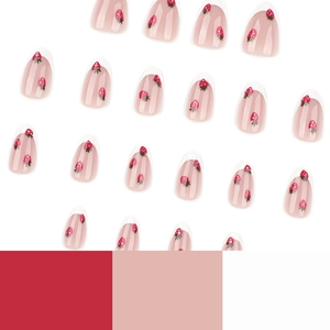 Short almond press-on nails featuring French white tips and sweet red strawberry patterns