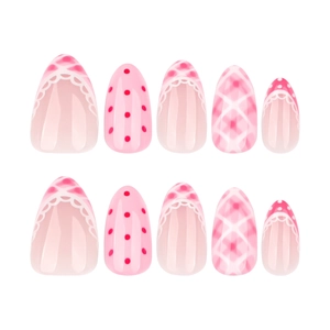 Pink almond press-on nails with strawberry style lace, polka dots and plaid patterns