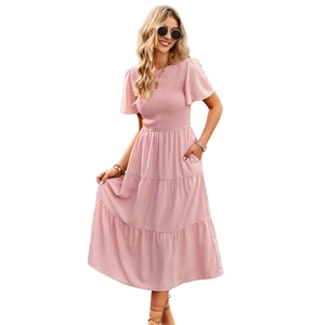 Pink A-line summer dress with elastic pleated chest and tiered ruffle details for women