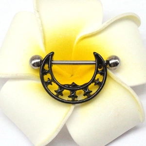Black crescent moon nipple shield with silver stainless steel barbell and star cutout