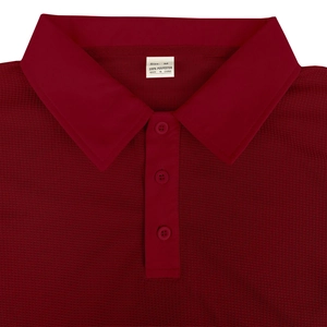 Detail view of burgundy polo shirt collar and buttons showing waffle knit fabric texture