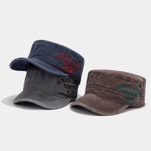 Vintage washed cotton cadet caps in navy, grey, and coffee with side embroidery