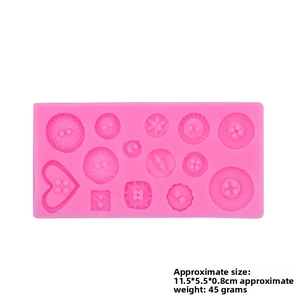Pink silicone button mold for fondant and chocolate with specific sizes and weight data