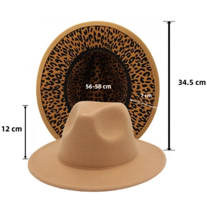 Detailed measurement guide for Fedora hat showing 7cm brim, 12cm height and 56-58cm circumference