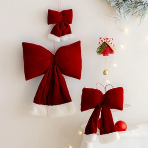 Christmas Bow Hanging Ornament Red Velvet Faux Fur Trim Decorative Festival Xmas Tree Home Decor