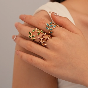 Vintage leaf geometric open rings in gold with green, burgundy and blue enamel finish